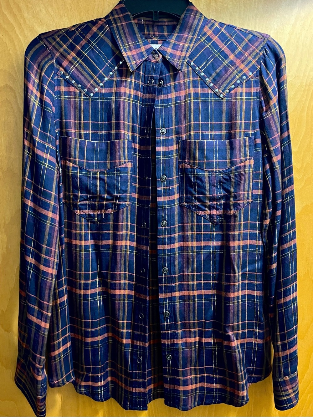 Express Womens Plaid Studded Boyfriend Shirt Snap Up Western Size XS Navy Fall